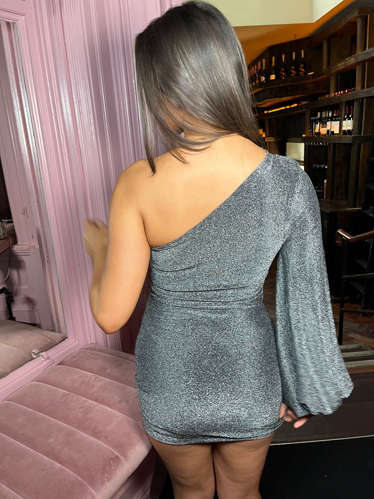 One shoulder lurex mini dress