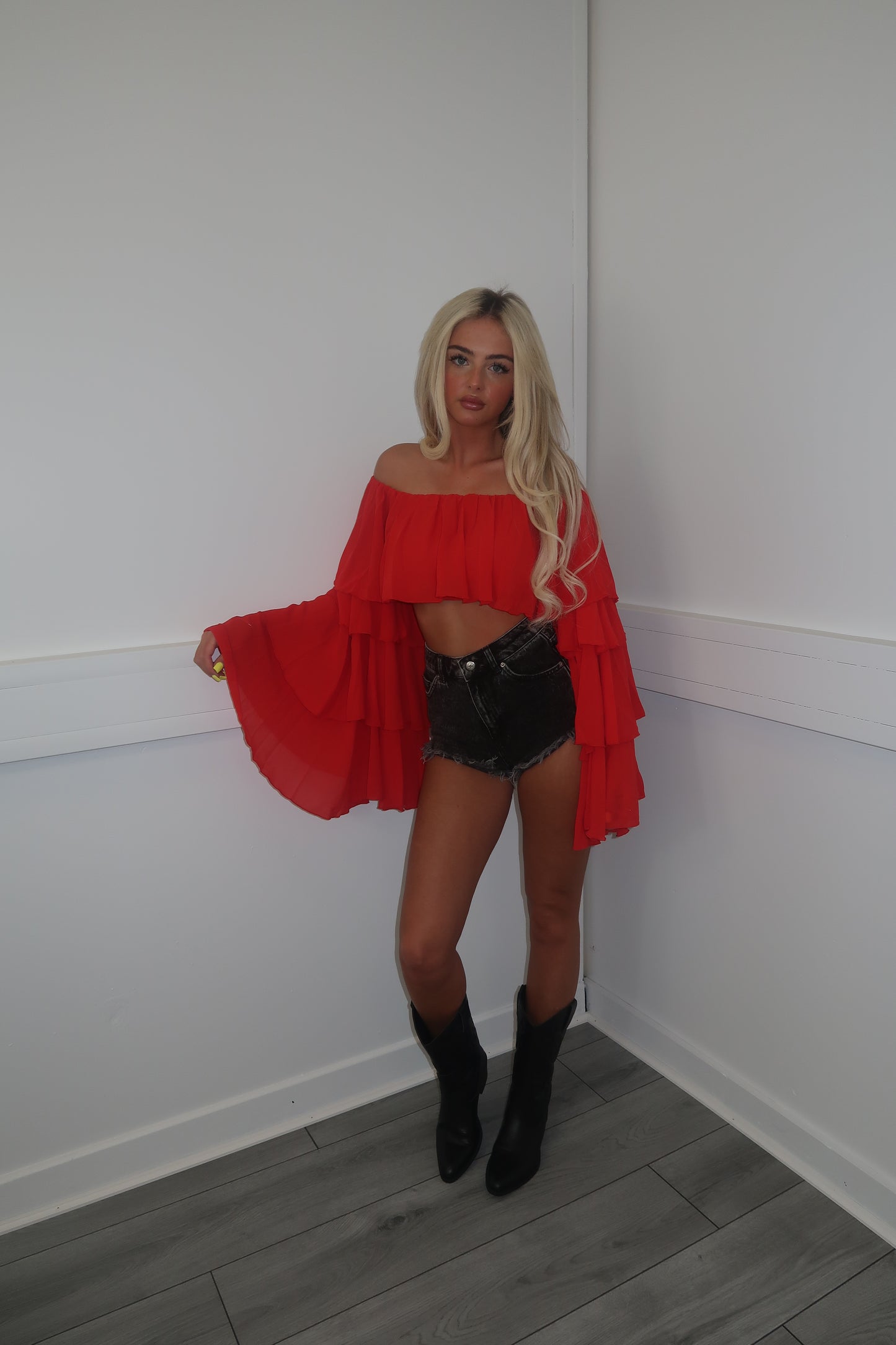 Red chiffon layered Bardot top