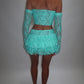 LIMITED EDITION HAND MADE AND DESIGNED IN HOUSE: Blue frilly Rara skirt top and sleeves three piece