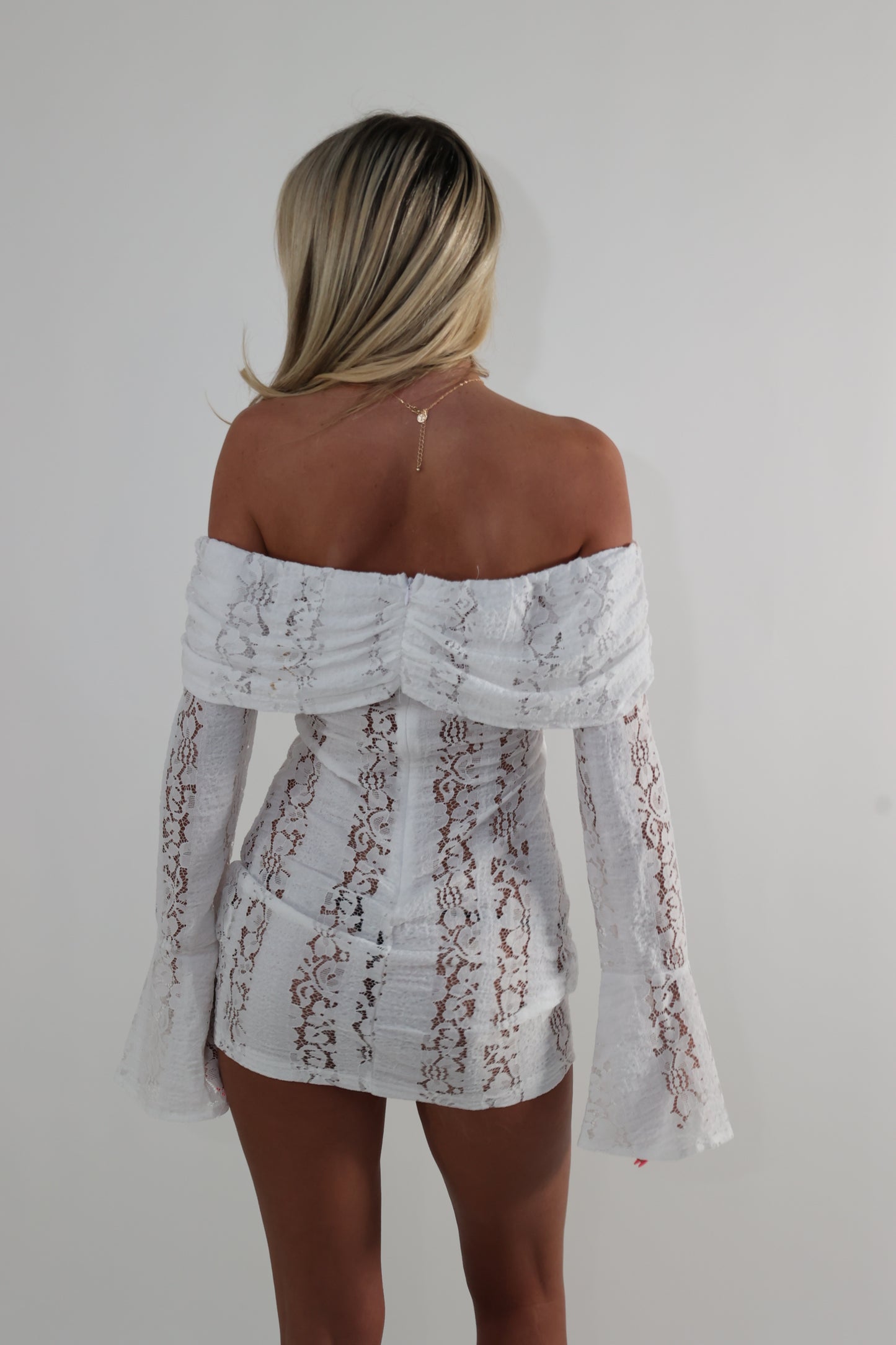White lace mesh flared sleeve dress