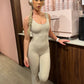 Beige cut out back ruched push-up jumpsuit