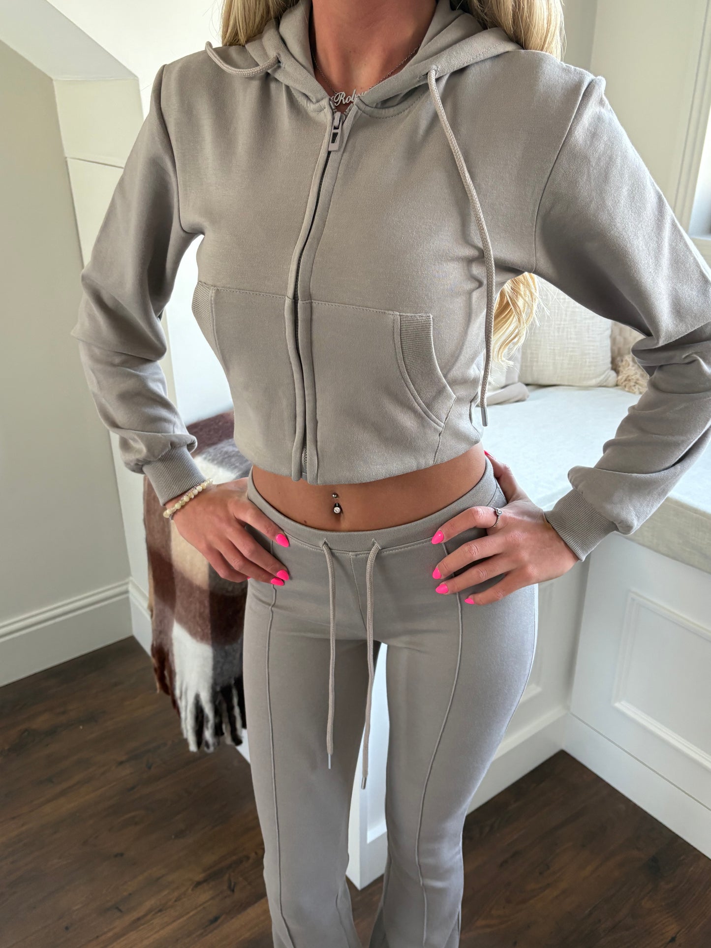Taupe cropped zip hoodie and bell bottom trouser set
