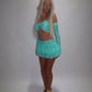 LIMITED EDITION HAND MADE AND DESIGNED IN HOUSE: Blue frilly Rara skirt top and sleeves three piece