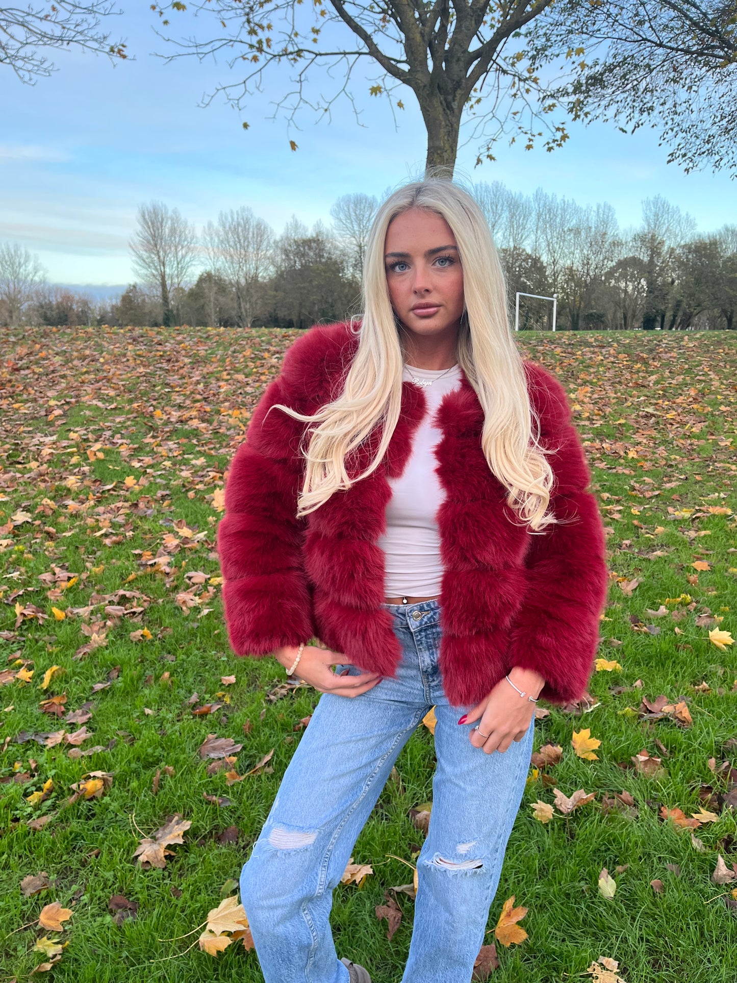 Luxury wine faux fur 3/4 sleeve coat