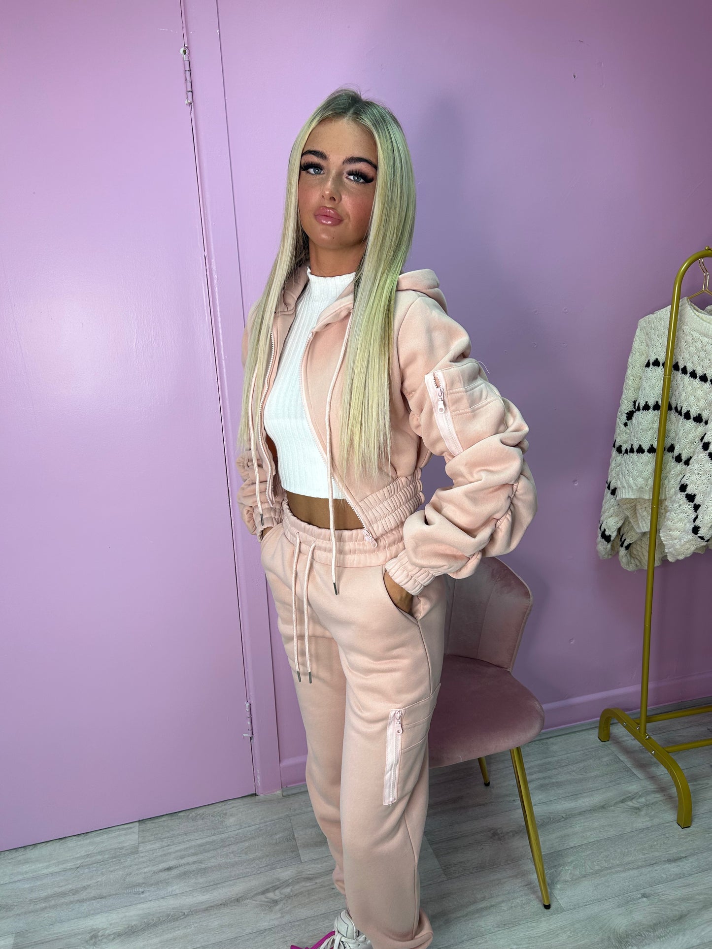 Blush pink ruched sleeve tracksuit
