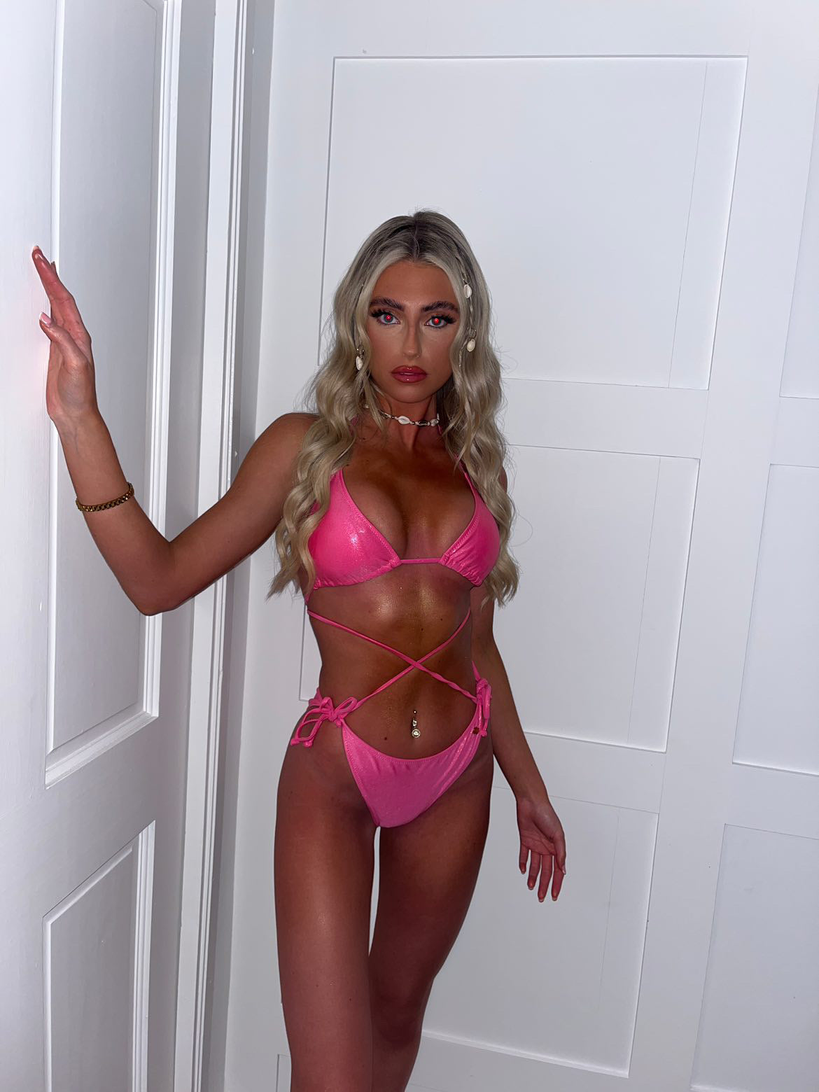 Barbie pink metallic bikini top and bottoms