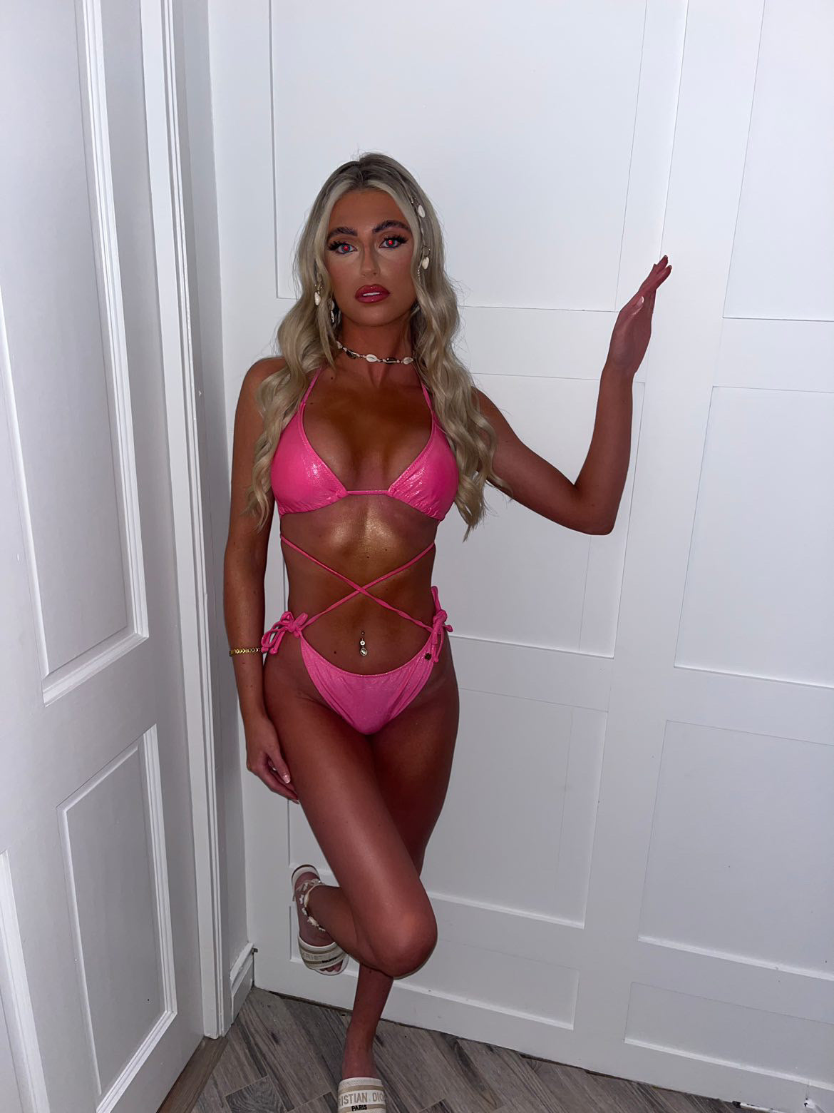 Barbie pink metallic bikini top and bottoms