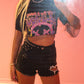 Black diamanté heart cut out shorts