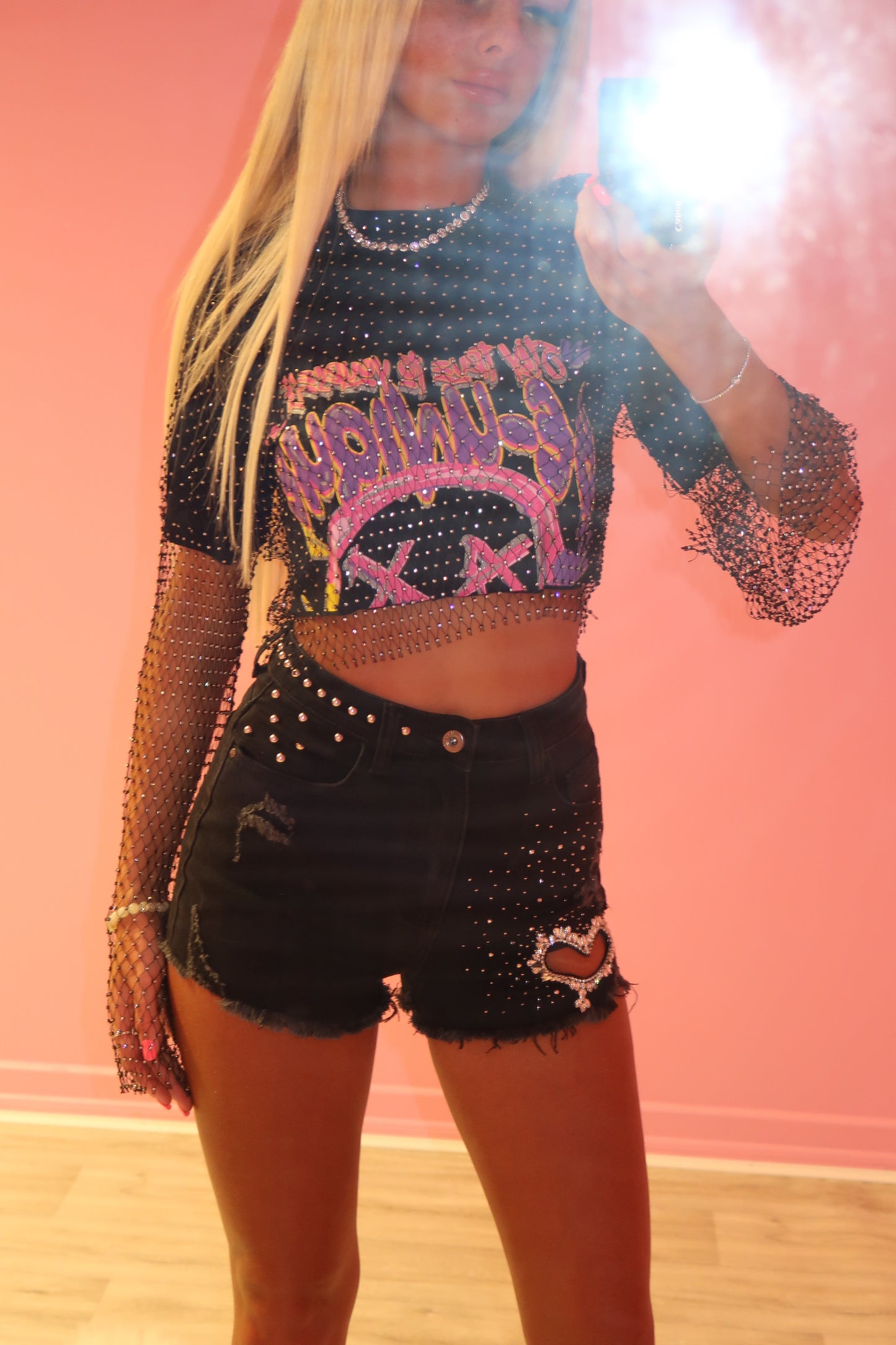 Black diamanté heart cut out shorts