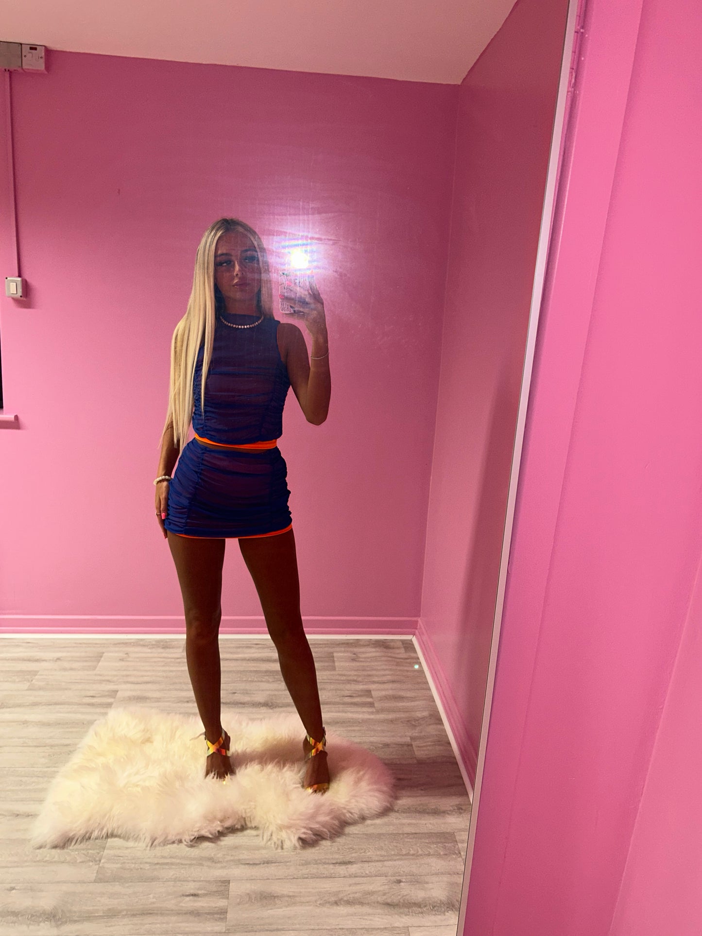Blue and orange ruched mesh co-ord