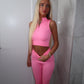 Ribbed zip front crop top and leggings in pink