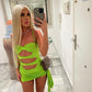 Lime cutout bodysuit and multi way skirt co-ord