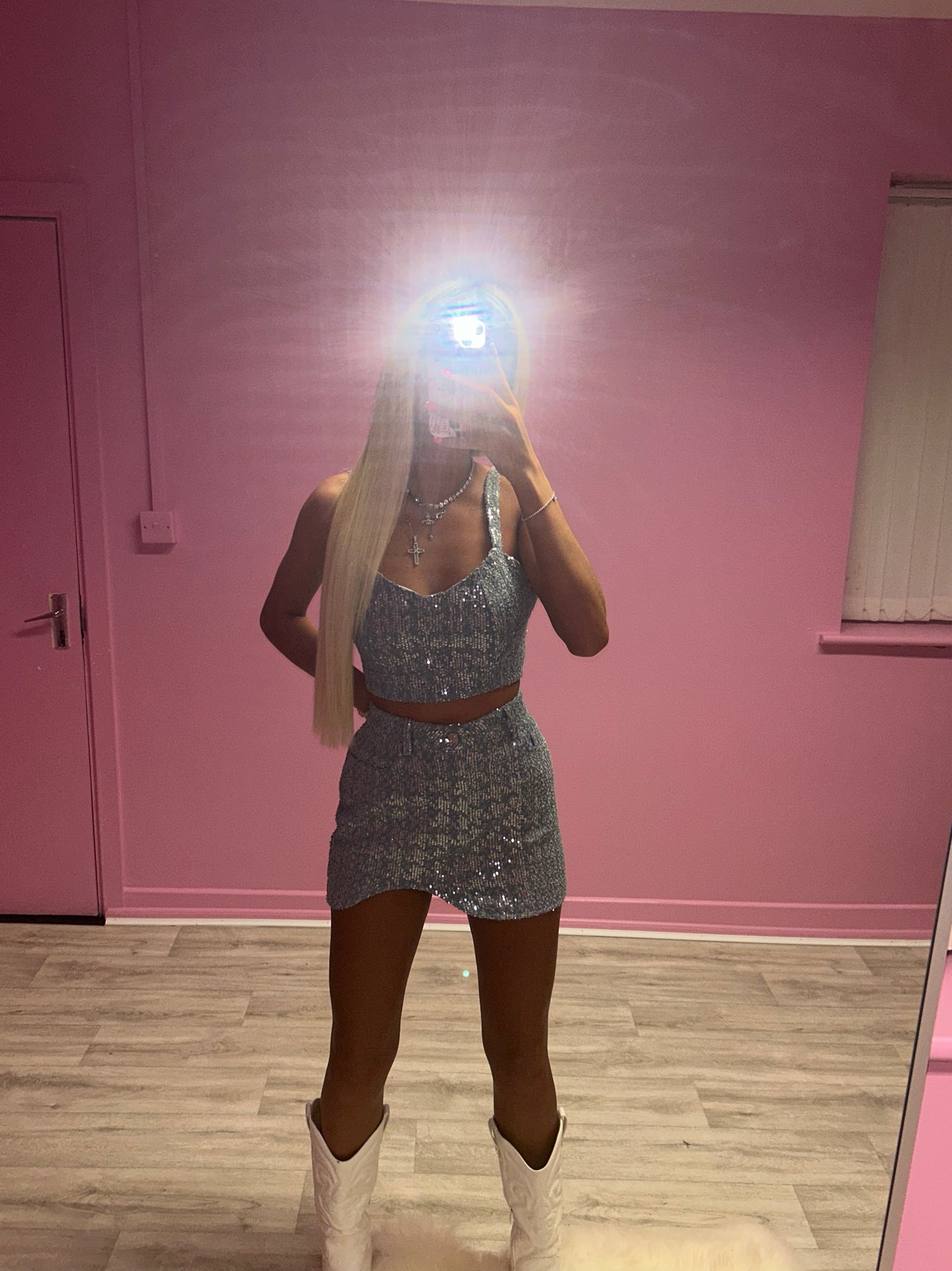 Sequin denim top and skirt set