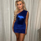 Blue metallic bodysuit and skirt set