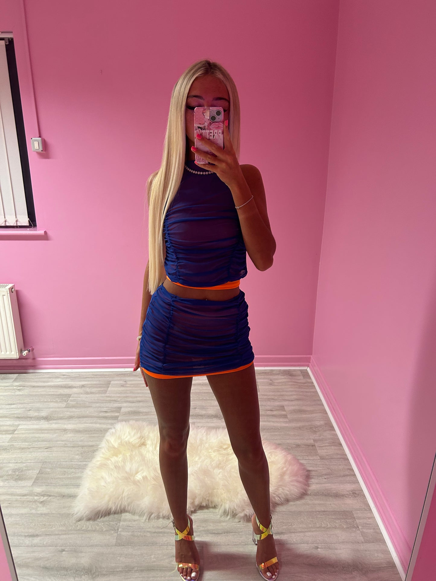 Blue and orange ruched mesh co-ord