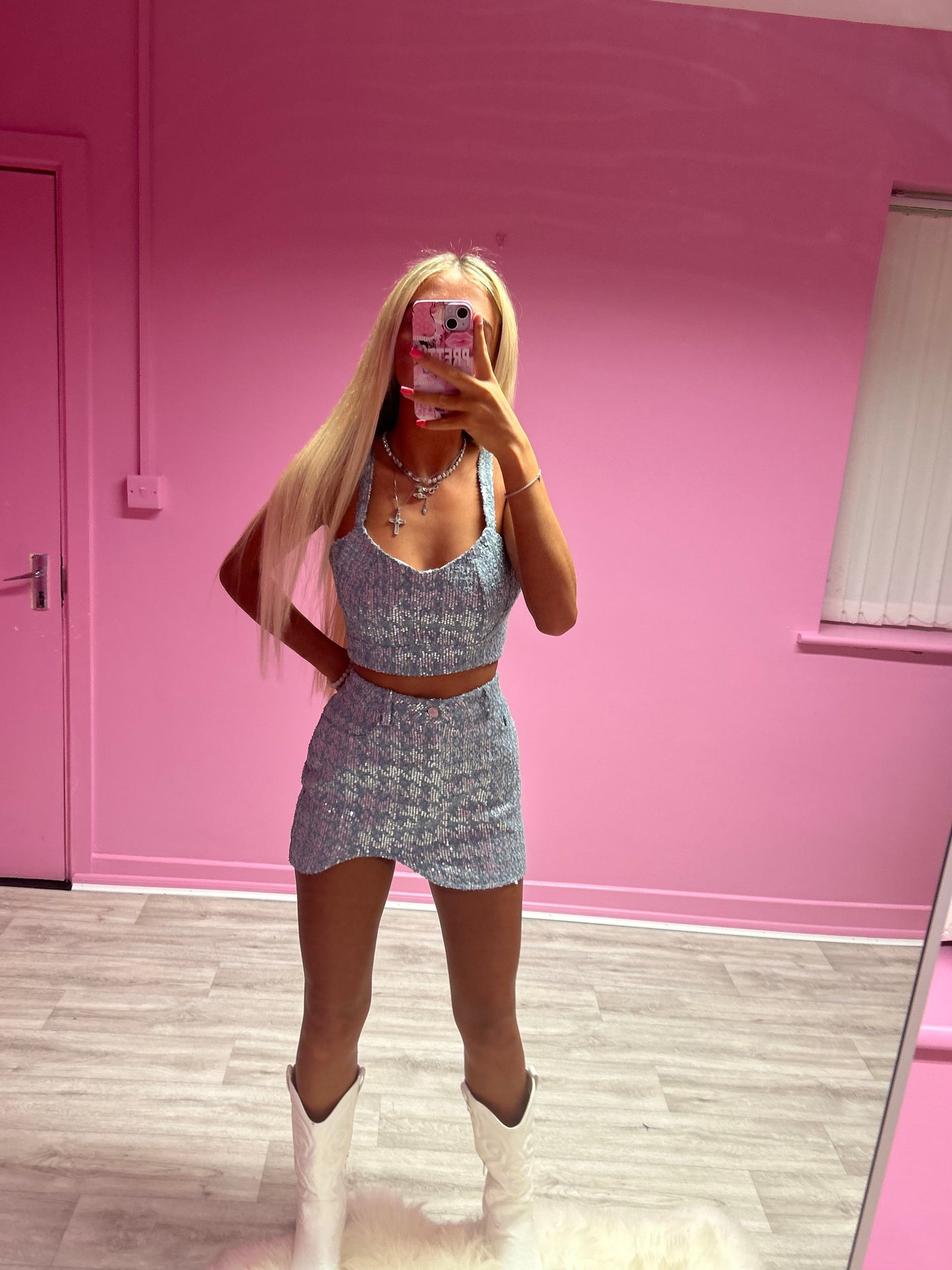 Sequin denim top and skirt set