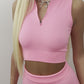 Ribbed zip front crop top and leggings in pink
