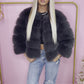 Dark charcoal grey NEW luxury faux fur coat 3/4 sleeve